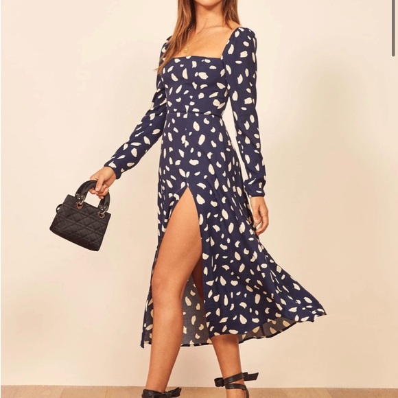 Reformation Sigmund Dress Splatter Blue White Dot Midi Slit (D8) - Picture 1 of 9